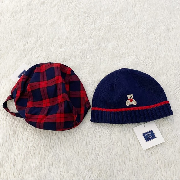 Janie & Jack Newsboy Plaid Hat and Bear Embroidered Beanie Bundle NWT 0-3 months - Picture 1 of 3